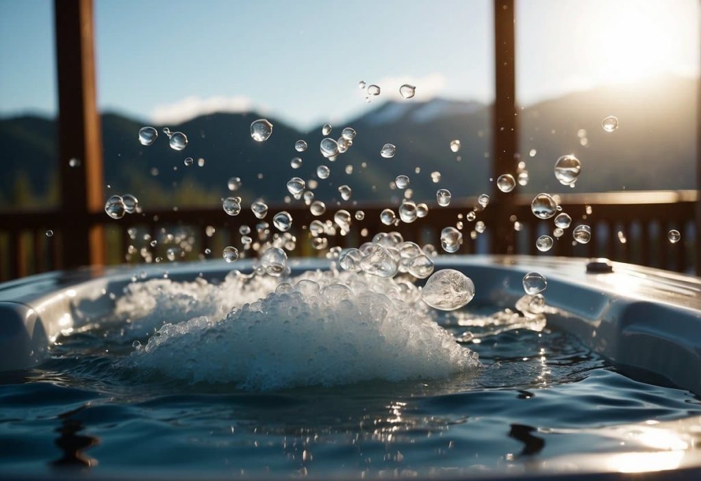 Foam bubbles rise in a hot tub, obscuring the water's surface. Jets of water agitate the foam, creating a frothy, bubbly texture