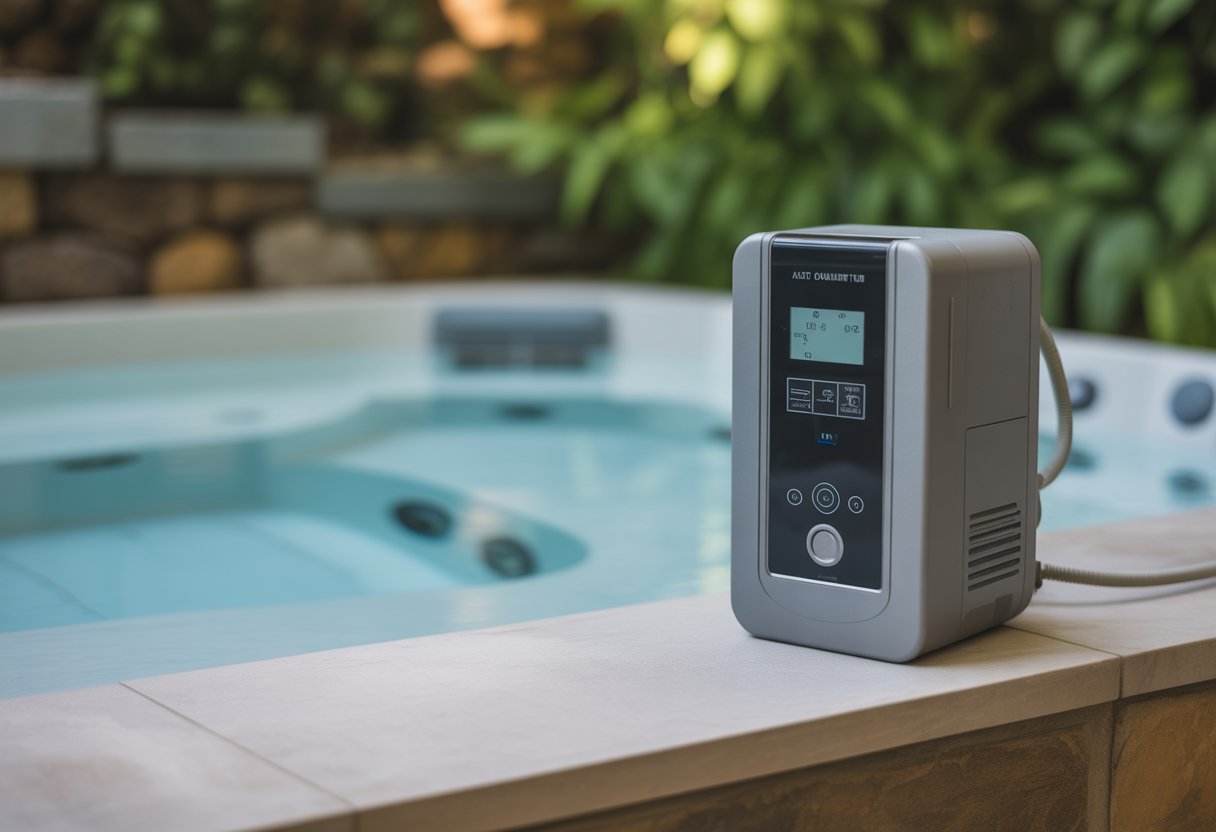 An automatic chemical monitor and dispenser attached to the edge of an outdoor hot tub with clear water and plants in the background.