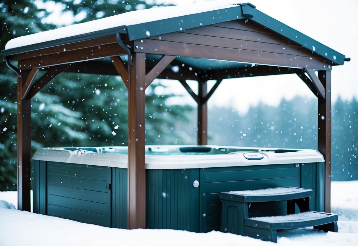 A hot tub sits under a sturdy, weatherproof shelter, surrounded by snowflakes or raindrops falling from the sky