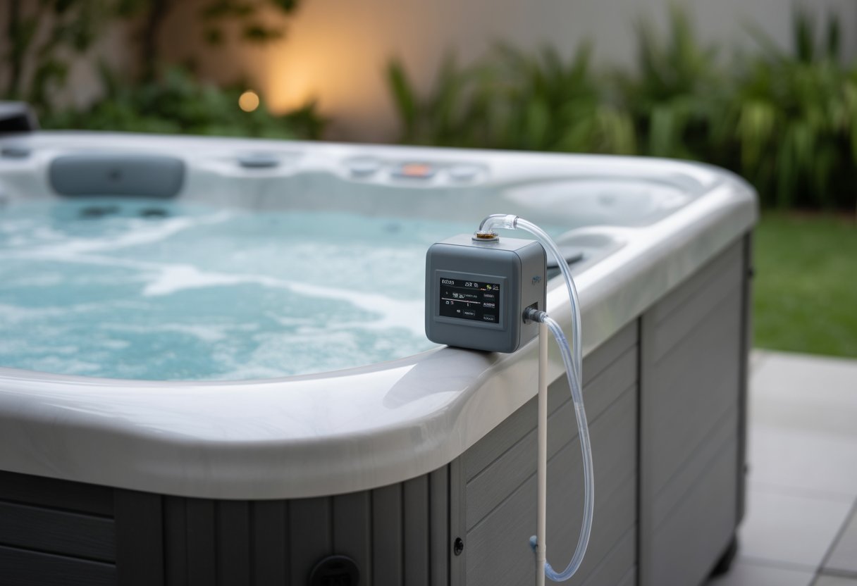 A modern hot tub outdoors with an automatic chemical monitor and dispenser device attached, surrounded by greenery.